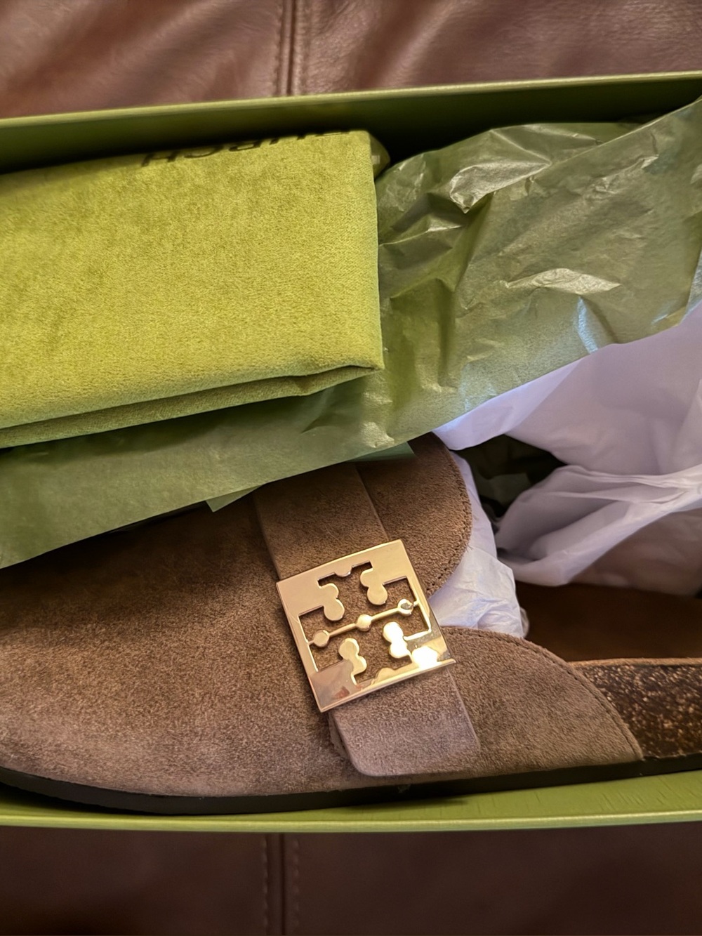 Mocha mules super soft suede with gold hardware